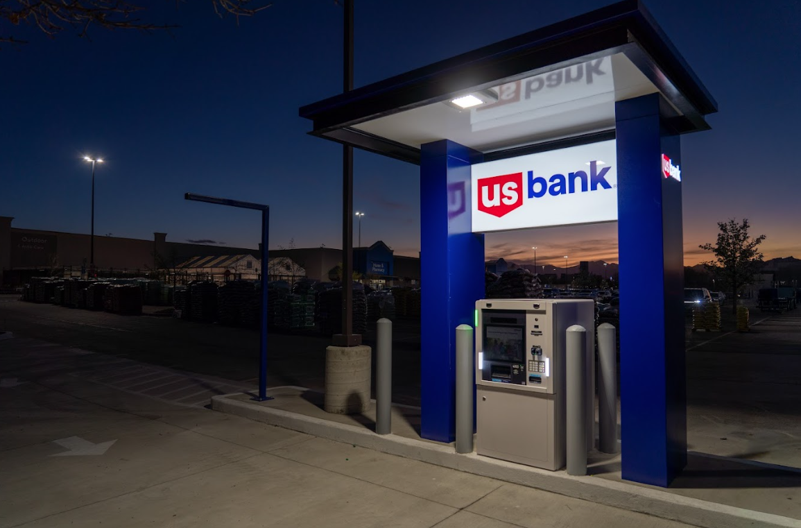 US Bank branded ATM canopy at dusk