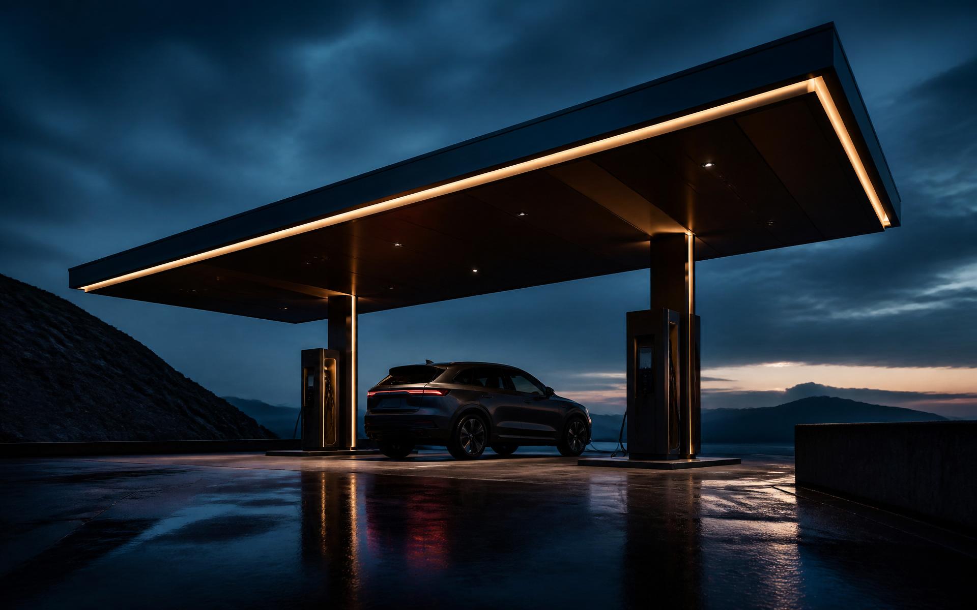 A premium EV charging canopy at dusk, warm accent lighting glowing along its edge